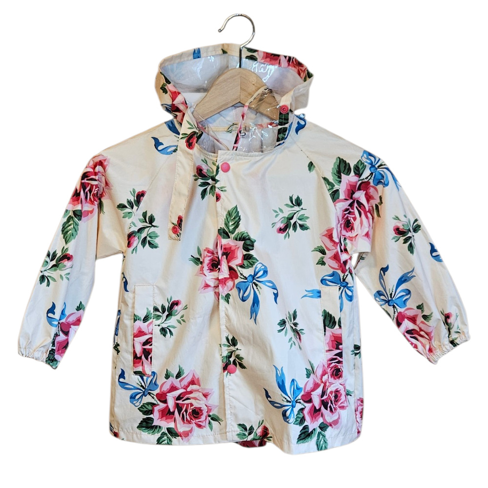 Toddler Girl’s Cream Floral Bow Hooded Raincoat Jacket Pink Roses Size Small